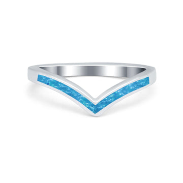 Lab Created Blue Opal Chevron Midi V Thumb Ring Band Round 925 Sterling Silver